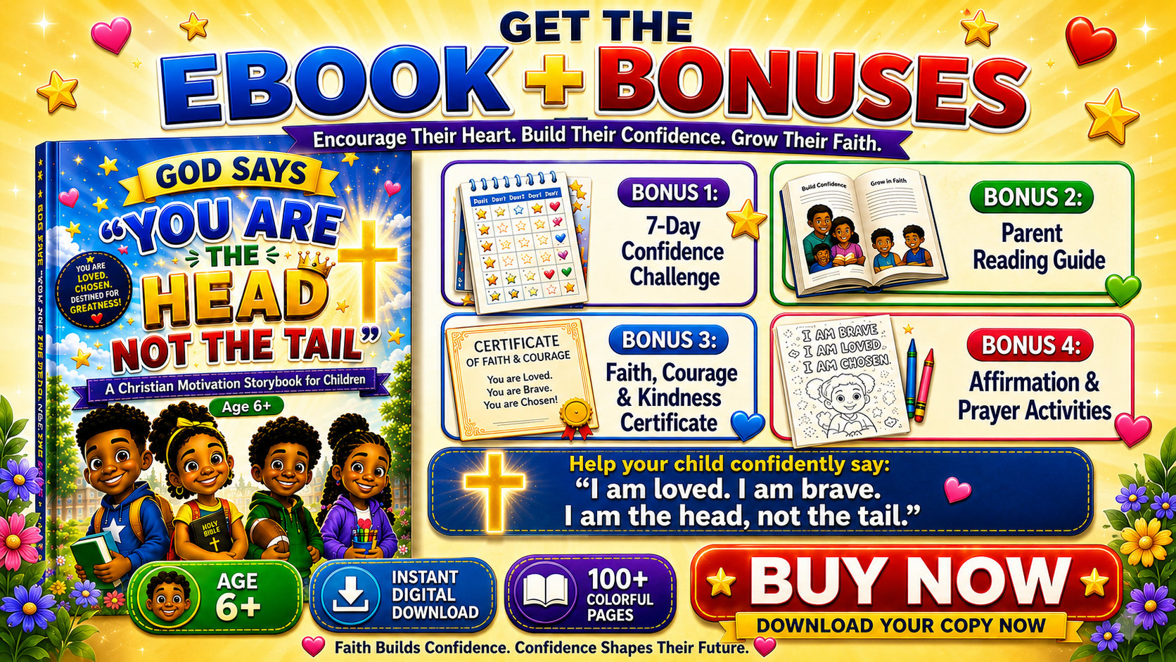 The eBook plus four bonuses: confidence challenge, parent guide, certificate and prayer activities